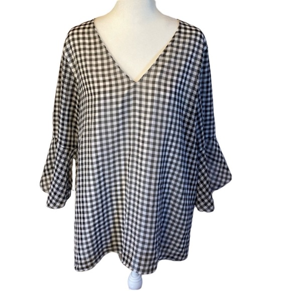 Calvin Klein lined blouse. Size L. Black/white checkered pattern. V-neck. - Picture 2 of 15